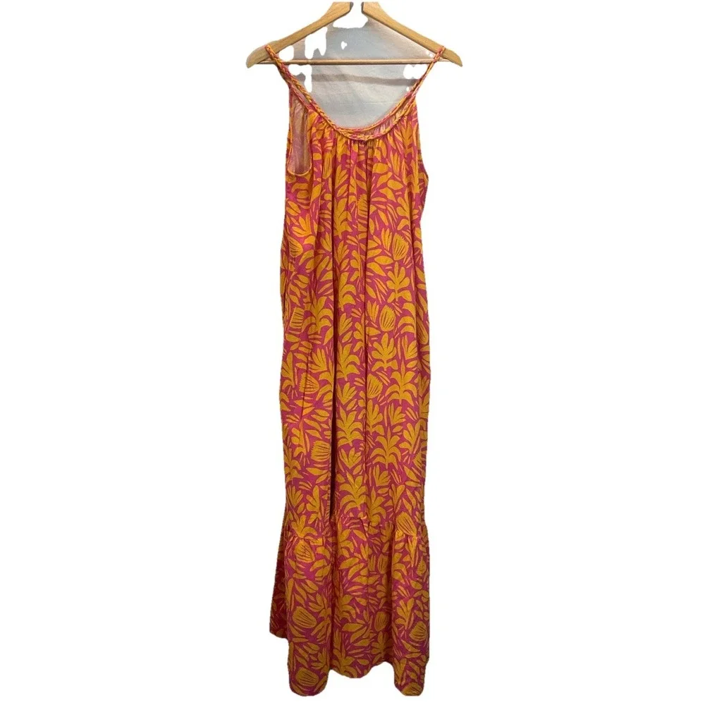 Palms Away scoop neck floral pink oversized tiered Maxi Dress Farm Rio vibes MED